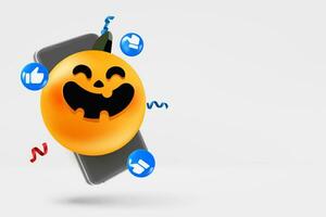 moderne téléphone intelligent avec Halloween emoji social médias Icônes. 3d vecteur bannière avec copie espace