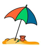 plage parapluie, seau et scoop sur tropical plage dans griffonnage style. été vacances concept, sablonneux plage. main tiré vecteur illustration. été parasol vecteur symbole émoticône conception agrafe art signe.