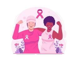Sein cancer conscience mois. femmes avec rubans rose comme une préoccupation et soutien pour femmes avec Sein cancer vecteur