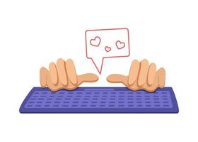 mains avec une clavier ordinateur. discuter, en ligne communication, l'amour lettre. cœur forme. vecteur