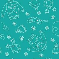 vecteur hiver vêtements modèle. tricoté chandail, chapeau, foulard, chaussettes. Noël, Nouveau an. marrant dessins pour cadeau emballage, textiles. vecteur sans couture Contexte.