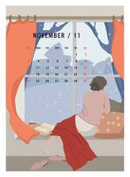 femme en train de lire livre et séance à hiver la fenêtre. novembre 2024 calendrier, confortable hiver vecteur illustration