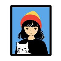 Animé illustration conception de une fille avec sa chat sur une encadré bleu Contexte vecteur