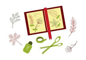 création de une herbier. séché feuilles et brindilles de les plantes sur le pages de le album, ciseaux, colle, adhésif ruban et les plantes sur le tableau. vecteur illustration.