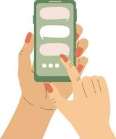 une femme détient une téléphone intelligent dans sa mains et envoie une message dans une discuter. communication, dialogue dans le Messager. vecteur illustration