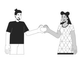 couple cœur mains plat ligne noir blanc vecteur personnages. homme et femme. cœur geste. modifiable contour moitié corps gens sur blanche. Facile dessin animé isolé place illustration pour la toile graphique conception