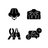 équipement de tatouage et de perçage icônes de glyphe noir sur un espace blanc. outils professionnels pour salons de tatouage. types de bijoux de piercing. maître de passage. symboles de silhouette. illustration vectorielle isolée vecteur