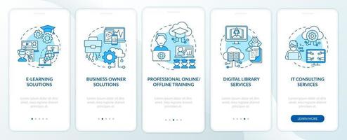 projets de développement de la société intégrant l'écran de la page de l'application mobile avec des concepts. Procédure pas à pas des solutions d'apprentissage en ligne Instructions graphiques en 5 étapes. modèle vectoriel ui, ux, gui avec des illustrations en couleurs linéaires