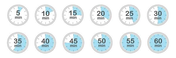 ensemble de minuteries. 5, 10, 15, 20, 25, 30, 35, 40, 45, 50, 55 et 60 minutes. jeu d'icônes de compte à rebours. illustration vectorielle isolée. vecteur