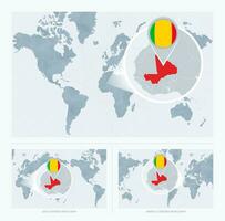 agrandie mali plus de carte de le monde, 3 versions de le monde carte avec drapeau et carte de Mali. vecteur