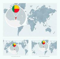 agrandie Bénin plus de carte de le monde, 3 versions de le monde carte avec drapeau et carte de bénin. vecteur