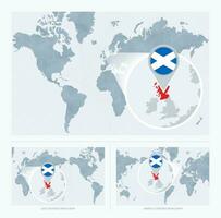 agrandie Écosse plus de carte de le monde, 3 versions de le monde carte avec drapeau et carte de Écosse. vecteur