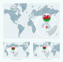 agrandie Pays de Galles plus de carte de le monde, 3 versions de le monde carte avec drapeau et carte de Pays de Galles. vecteur