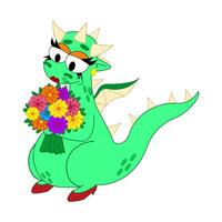 marrant fantaisie personnage dragon avec fleurs. isolé sur blanc Contexte. vecteur dessin animé coloré Icônes.