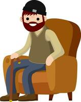 vieux homme est séance dans doux fauteuil. du repos et Sénior avec une canne. marron meubles et pièce élément. dessin animé plat illustration. mignonne grand-père vecteur