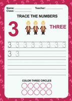 tracer et écrire le numéro pour les enfants. exercice pour que les enfants reconnaissent le nombre. feuille de travail pédagogique pour le préscolaire. fichier vectoriel. vecteur