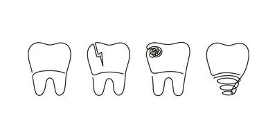 les dents en bonne santé, douleur et implant dent ensemble, continu art ligne dessin. dentisterie santé. vecteur contour illustration