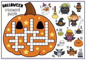 vecteur Halloween citrouille en forme de mots croisés puzzle pour enfants. l'automne vacances quiz pour les enfants. éducatif activité avec kawaii symboles. mignonne tout saints journée Anglais Langue traverser mot