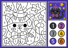 vecteur Halloween Couleur par nombre activité avec mignonne kawaii chat. l'automne effrayant vacances scène. noir et blanc compte Jeu avec marrant animal. tour ou traiter coloration page pour des gamins