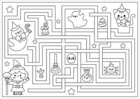 Halloween noir et blanc Labyrinthe pour enfants. l'automne vacances ligne préscolaire imprimable activité avec mignonne kawaii sorcière, chat, fantôme. effrayant labyrinthe coloration page avec mignonne personnages vecteur