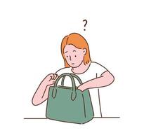 une femme cherche des choses dans son sac. illustrations de conception de vecteur de style dessinés à la main.