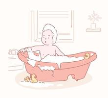 le bébé se baigne dans la baignoire. illustrations de conception de vecteur de style dessinés à la main.