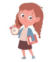 écolière joyeuse tenant un livre et une horloge vecteur