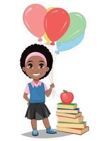 retour à l'école. jolie fille afro-américaine en vêtements décontractés avec des ballons à l'hélium debout près d'une pile de livres. vecteur