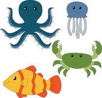 coloré océan créatures clipart ensemble dans dessin animé style. comprend 4 aquatique animaux pour des gamins et les enfants vecteur