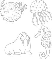 contour aquatique animaux clipart collection dans dessin animé style. comprend 4 aquatique animaux pour des gamins et les enfants vecteur