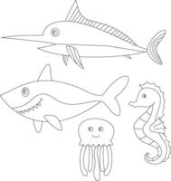 contour océan créatures clipart collection dans dessin animé style. comprend 4 aquatique animaux pour des gamins et les enfants vecteur