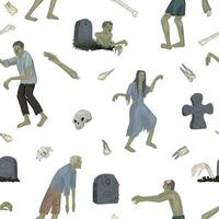Halloween des morts-vivants sans couture modèle. ornement de pierres tombales, en marchant mort personnes, effrayant monstres, tombes, os, dents. vecteur illustration dans dessin animé style.