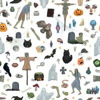 Halloween sans couture modèle. ornement de des morts-vivants, la sorcellerie, animaux, des fantômes, occulte articles. effrayant vecteur illustration dans dessin animé style.