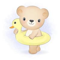 mignon petit ours avec une illustration d'anneau en caoutchouc gonflable de natation vecteur