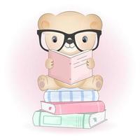 mignon petit ours et livres illustration dessinée à la main vecteur