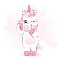 Licorne mignonne avec illustration de dessin animé de caméra vecteur