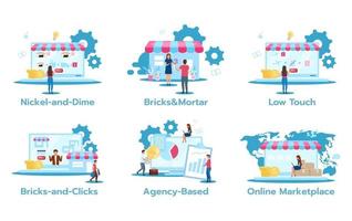 ensemble d'illustrations vectorielles à plat de modèle d'affaires. nickel-et-dime. brique et mortier. faible toucher. briques et clics. en agence. marché en ligne. stratégies marketing. personnages de dessins animés isolés vecteur