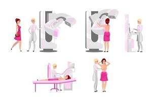 ensemble d'illustrations à plat d'examen médical du sein. mammographie, échographie diagnostique médicale et palpation. concept d'examen de prévention du cancer du sein. Mammologue et personnage de dessin animé de patiente vecteur