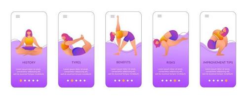 le yoga bénéficie du modèle vectoriel d'écran d'application mobile. exercices et poses. femelle bodypositive. Procédure pas à pas du site Web avec des caractères plats. concept d'interface de dessin animé pour smartphone ux, ui, gui