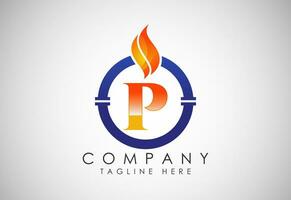 Anglais alphabet p avec Feu flamme et tuyau. pétrole et gaz industrie logo conception concept. vecteur