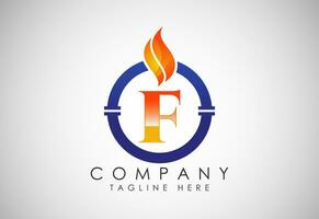 Anglais alphabet F avec Feu flamme et tuyau. pétrole et gaz industrie logo conception concept. vecteur