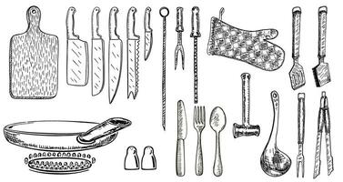 ensemble de cuisine ustensiles. cuisine outils. dessiné à la main vaisselle et coutellerie. cuisine outils pour Accueil et restaurant. vecteur illustration sur blanc Contexte. des couteaux, Coupe conseil, saisissant, coutellerie