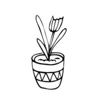 fleur pot avec décoratif herbe, plante. main tiré Facile noir contour vecteur illustration dans dessin animé griffonnage style, isolé. conception élément, agrafe art pour décoration, coloration page