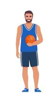 content homme basketball joueur dans uniforme avec Balle isolé sur blanc Contexte. vecteur illustration.