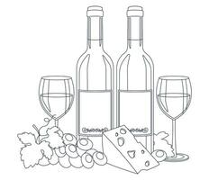 bouteilles de vin, du vin dans lunettes, fromage et raisin. linéaire, contour seul. vecteur graphique.