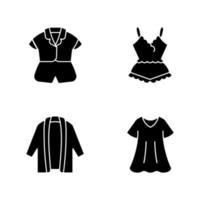 icônes de glyphe noir homewear sur un espace blanc. top et short en soie. pyjama en dentelle. cardigan long unisexe. robe de sport. vêtements de nuit confortables. symboles de silhouette. illustration vectorielle isolée vecteur