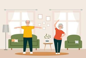 Sénior gens faire gymnastique à maison. personnes âgées couple. grands-parents Faire des exercices. sport à maison. Matin exercices.old gens Faire des exercices. vecteur illustration dans plat style.