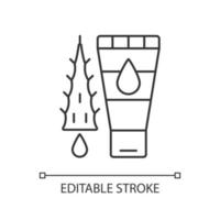 à l'aide d'une icône linéaire de lotion hydratante. gel à l'huile d'aloe vera pour le traitement des coups de soleil. illustration personnalisable de fine ligne. symbole de contour. dessin de contour isolé de vecteur. trait modifiable vecteur