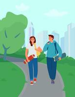 adolescent couple en marchant dans parc en portant planche à roulette et penny planche. vecteur illustration.
