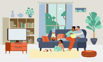 multiracial famille avec deux des gamins et une chien en train de regarder la télé ensemble séance sur le canapé à Accueil plat vecteur illustration. vivant pièce intérieur.